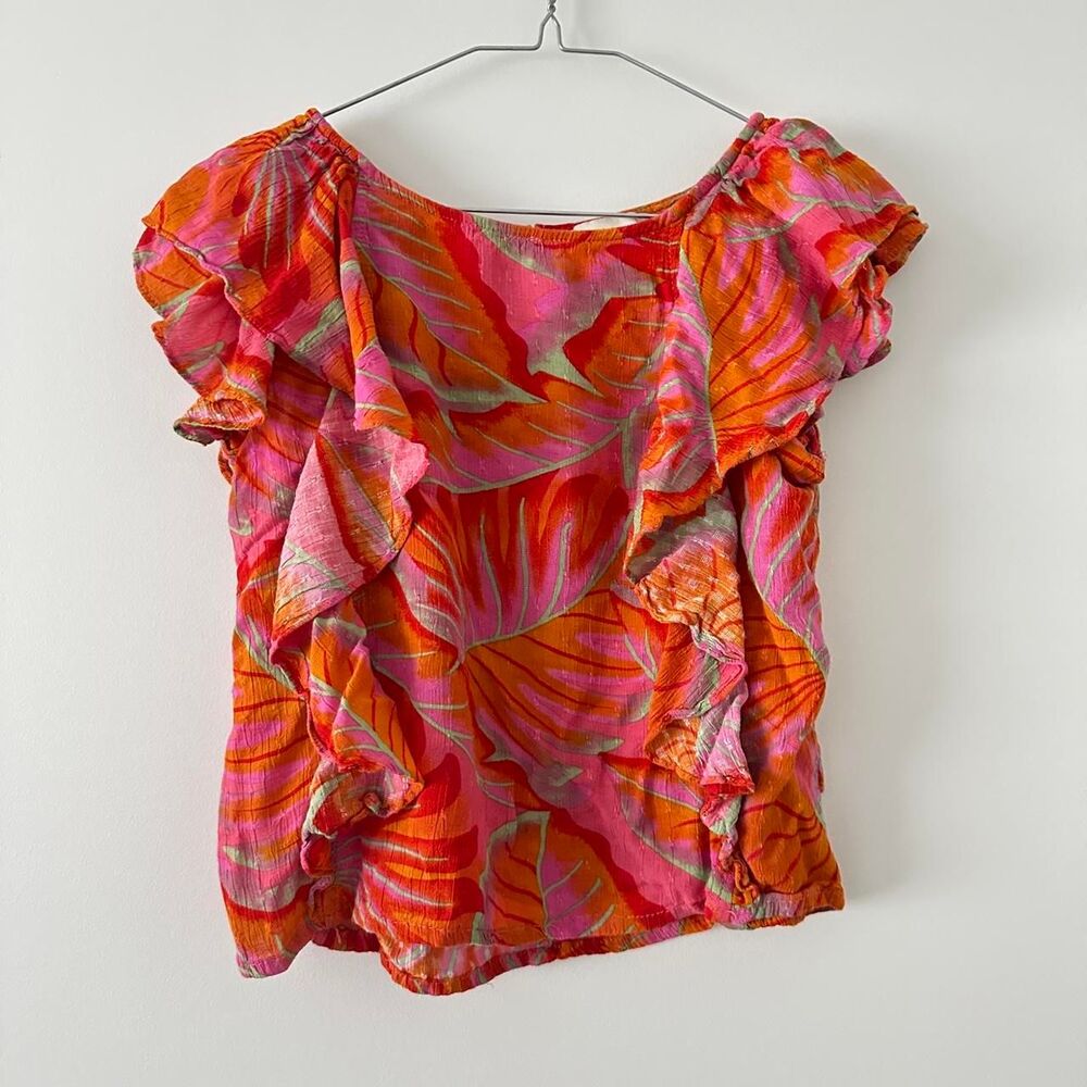 Cynthia Rowley orange and pink botanical leaf print ruffle cropped blouse XS